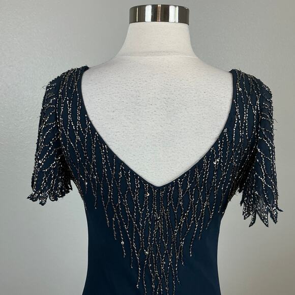 JKara Beaded Chiffon Short Sleeve Fit and Flare Midi Cocktail Dress Blue Size 6 - Picture 8 of 12
